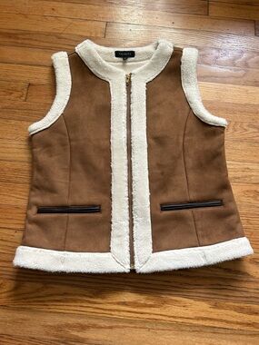 Talbots Camel Brown Vest with Cream Shearling Trim